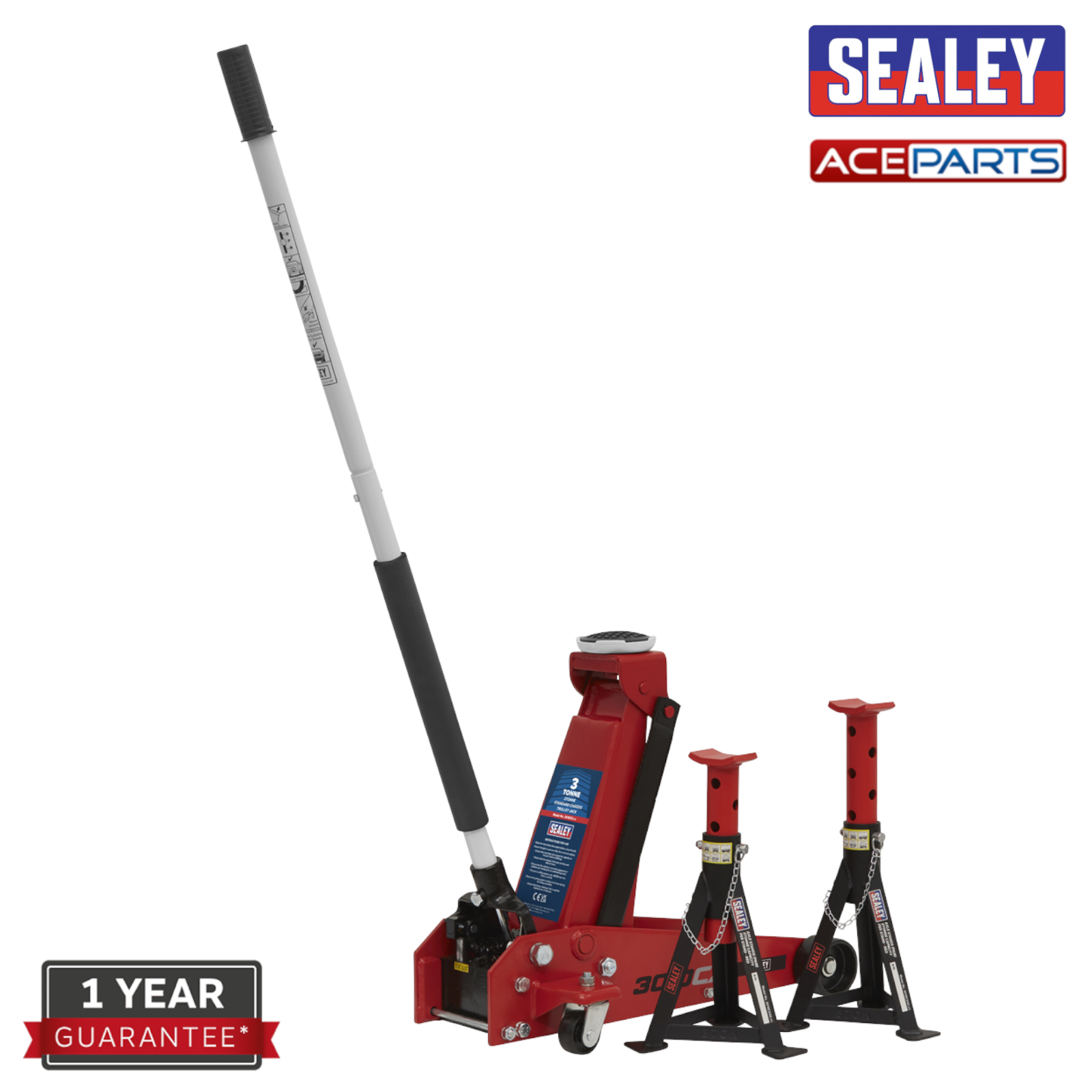 Sealey 3010CX 3 Tonne Ton Trolley Jack with Axle Stands Pair Red Car Van Lift - Image 2