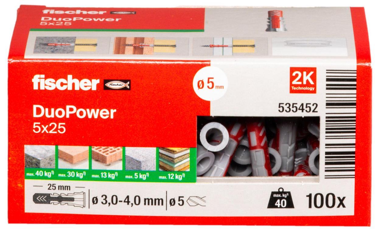 Tacos de pared para placas de yeso Duopower de 5 mm x 25 mm, paquete de 100 - 535452