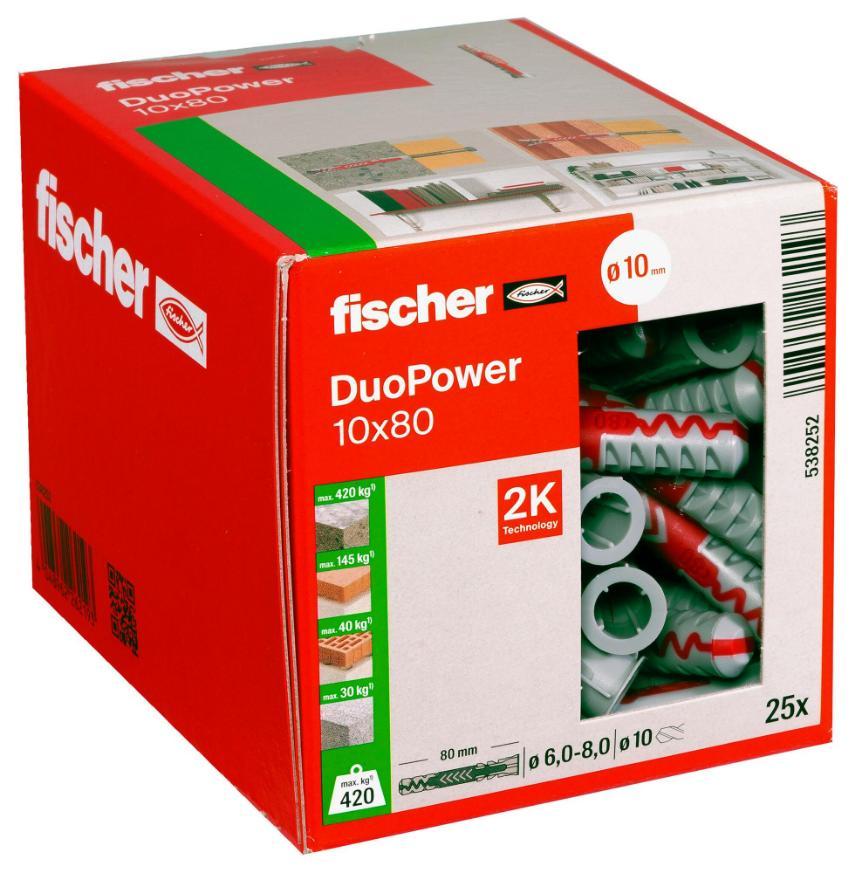 Tacos de pared para placas de yeso Duopower de 10 mm x 80 mm, paquete de 25 - 538252