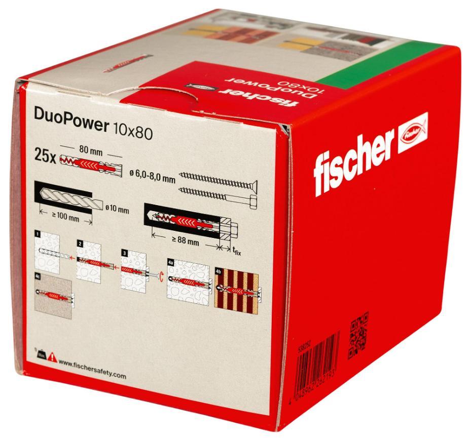 Tacos de pared para placas de yeso Duopower de 10 mm x 80 mm, paquete de 25 - 538252