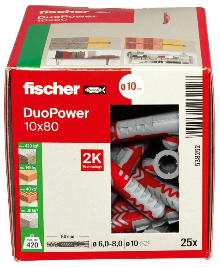 Tacos de pared para placas de yeso Duopower de 10 mm x 80 mm, paquete de 25 - 538252