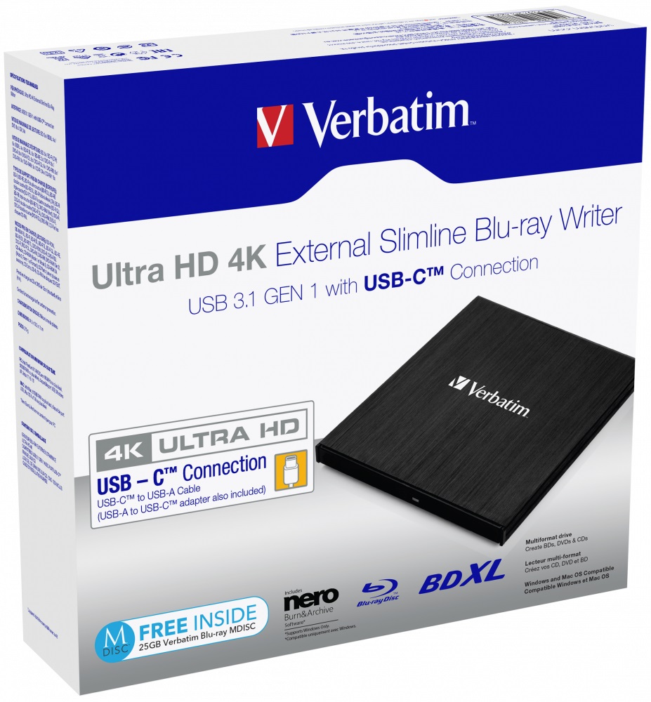 Scrittura BlueRay esterna SlimLine 43888 di Verbatim - Ultra HD 4K