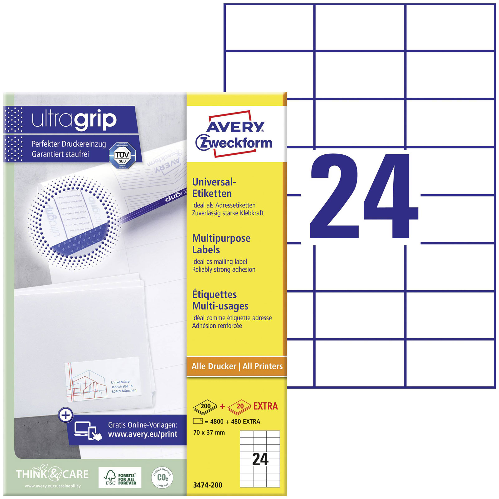 Avery-Zweckform 3474-200 All-purpose labels 70x37mm white permanent 5280pcs