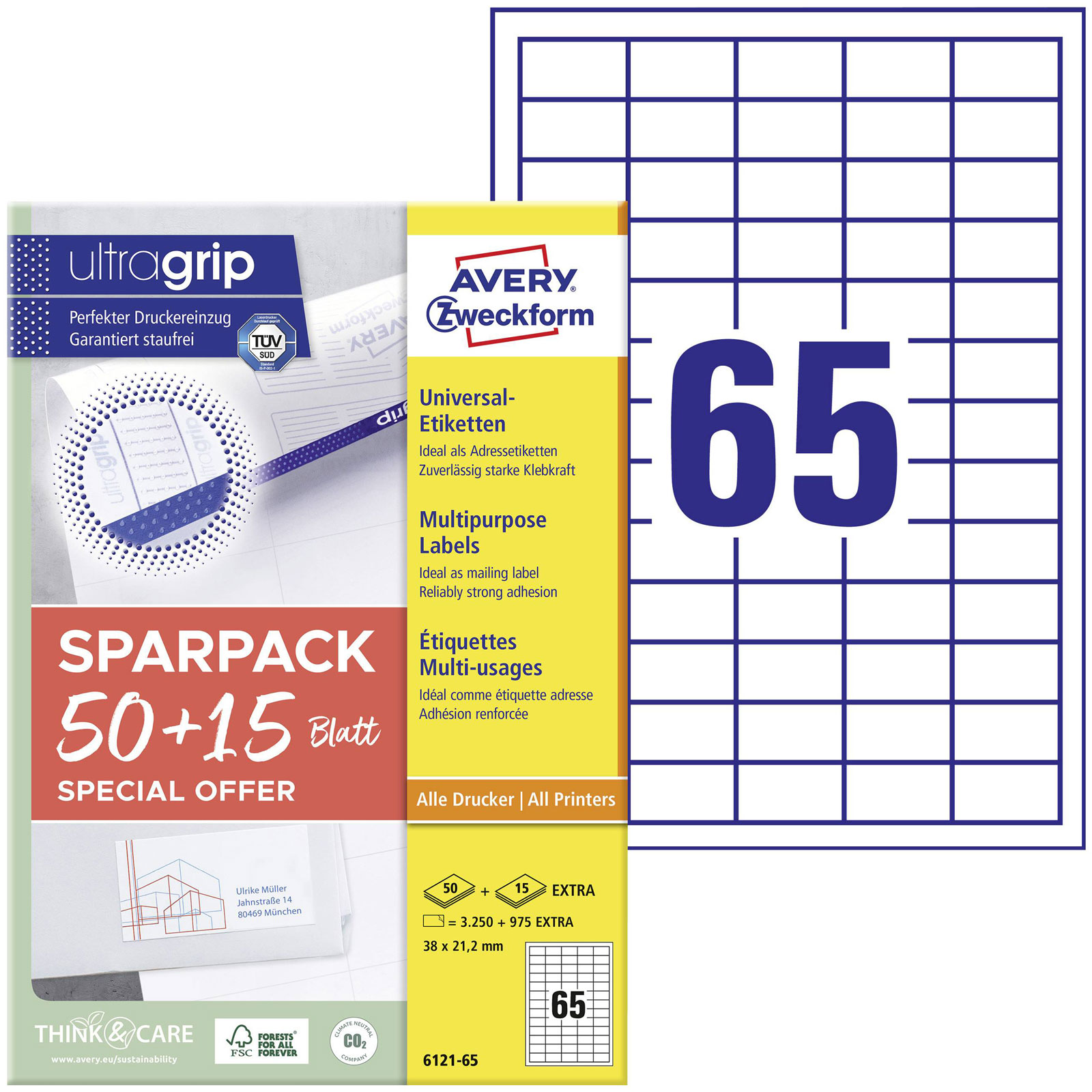 Avery-Zweckform 6121-65 Etiquetas multiusos Papel blanco 38x21,2 mm 65 hojas