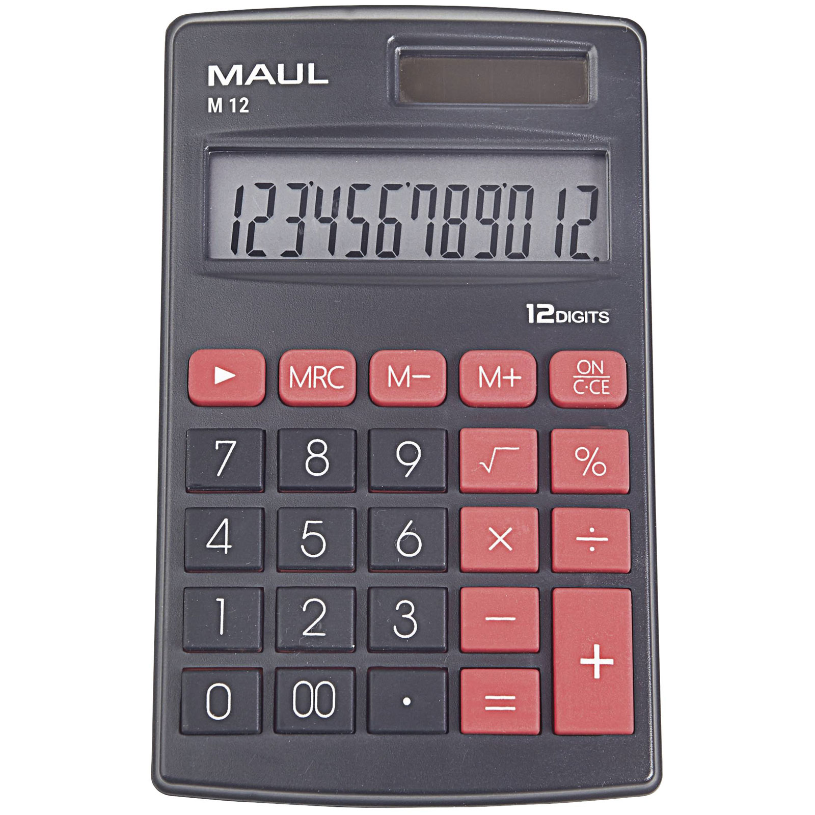 Maul 7261490 Calculatrice de poche, affichage à 12 chiffres, batterie noire, alimentation solaire