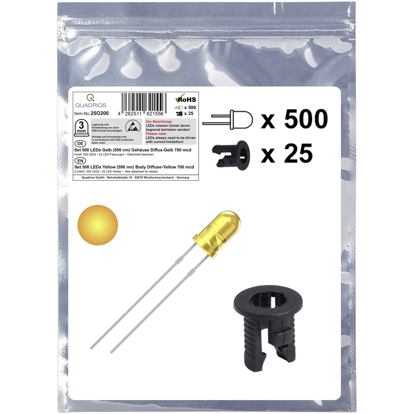 Quadrios 25O200 LED Jaune Circulaire 3mm 700mcd 20mA 2,0V Filaire LED 3mm