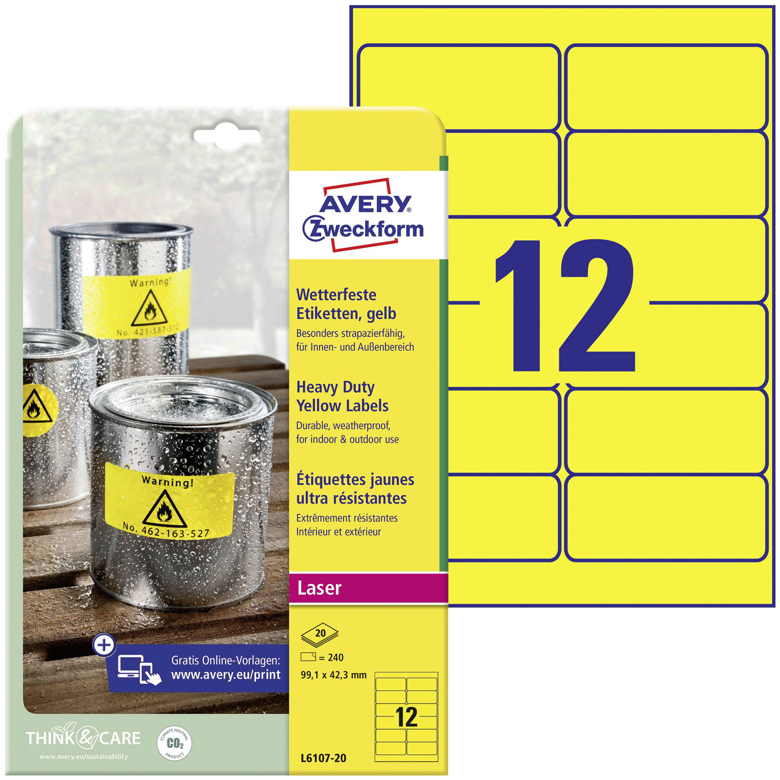 Avery-Zweckform L6107-20 Étiquettes résistantes aux intempéries 99,1x42,3 mm Polyester Jaune 240 pièces