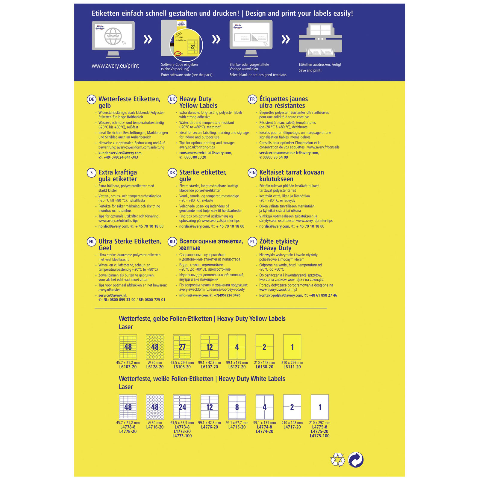 Avery-Zweckform L6107-20 Étiquettes résistantes aux intempéries 99,1x42,3 mm Polyester Jaune 240 pièces
