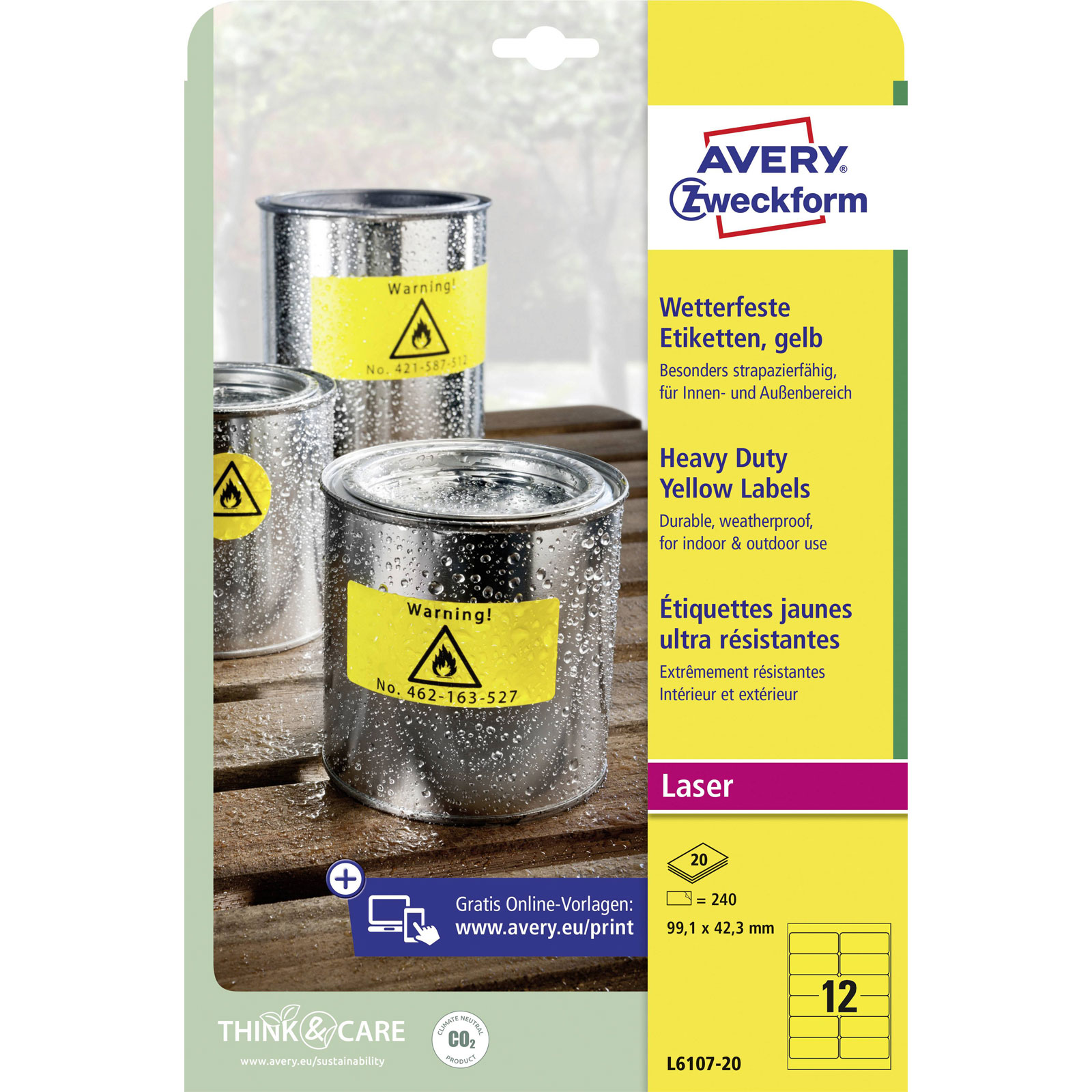 Avery-Zweckform L6107-20 Étiquettes résistantes aux intempéries 99,1x42,3 mm Polyester Jaune 240 pièces