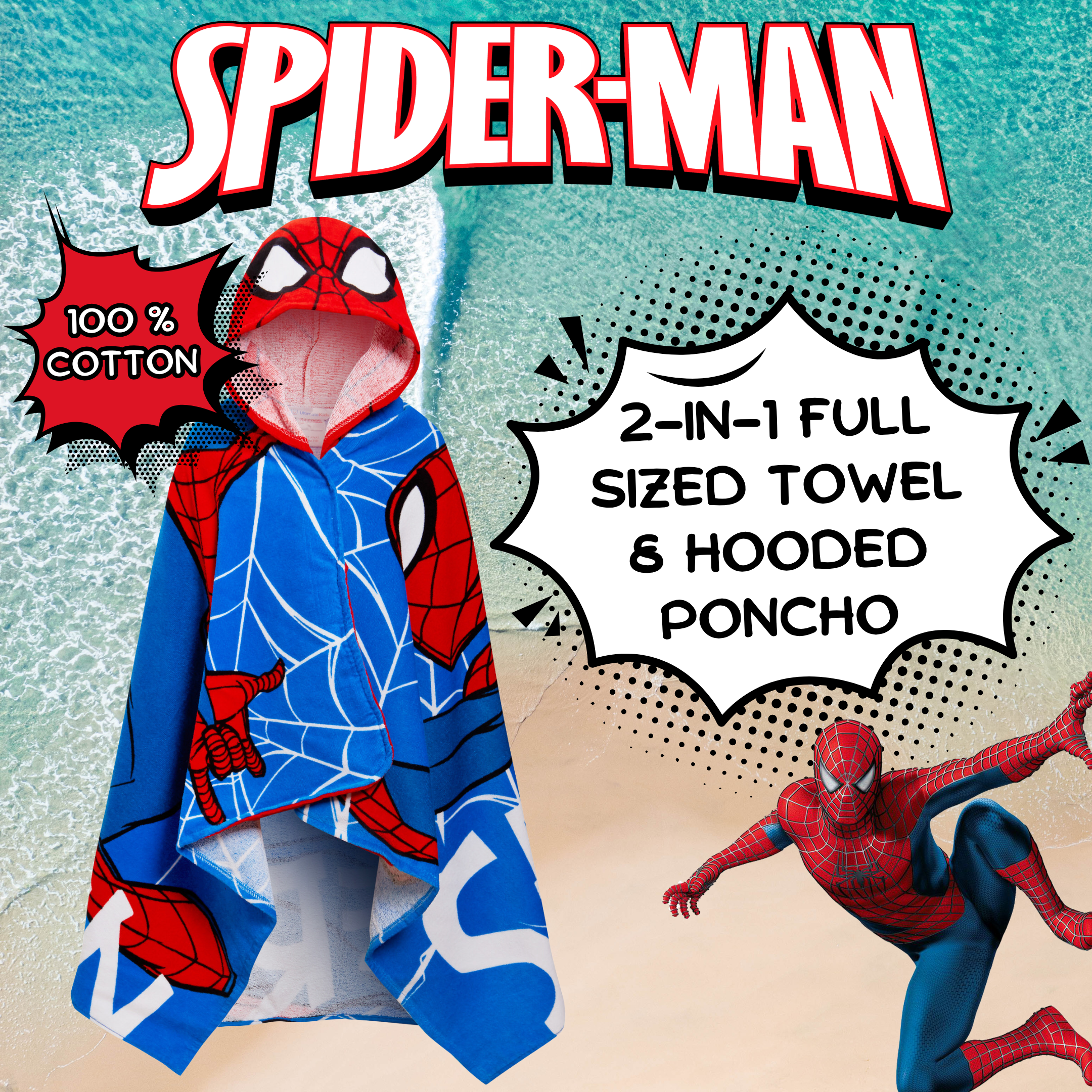 Spiderman Hooded Towel Avengers Poncho Kids 100% Cotton Beach Towel Bath Towel - Produktbild 2