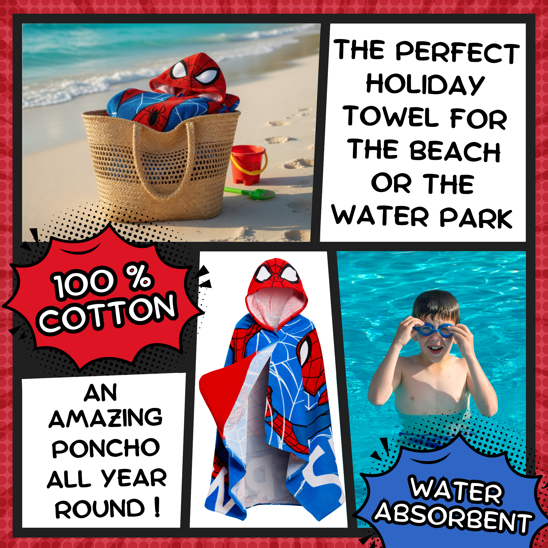 Spiderman Hooded Towel Avengers Poncho Kids 100% Cotton Beach Towel Bath Towel - Produktbild 4