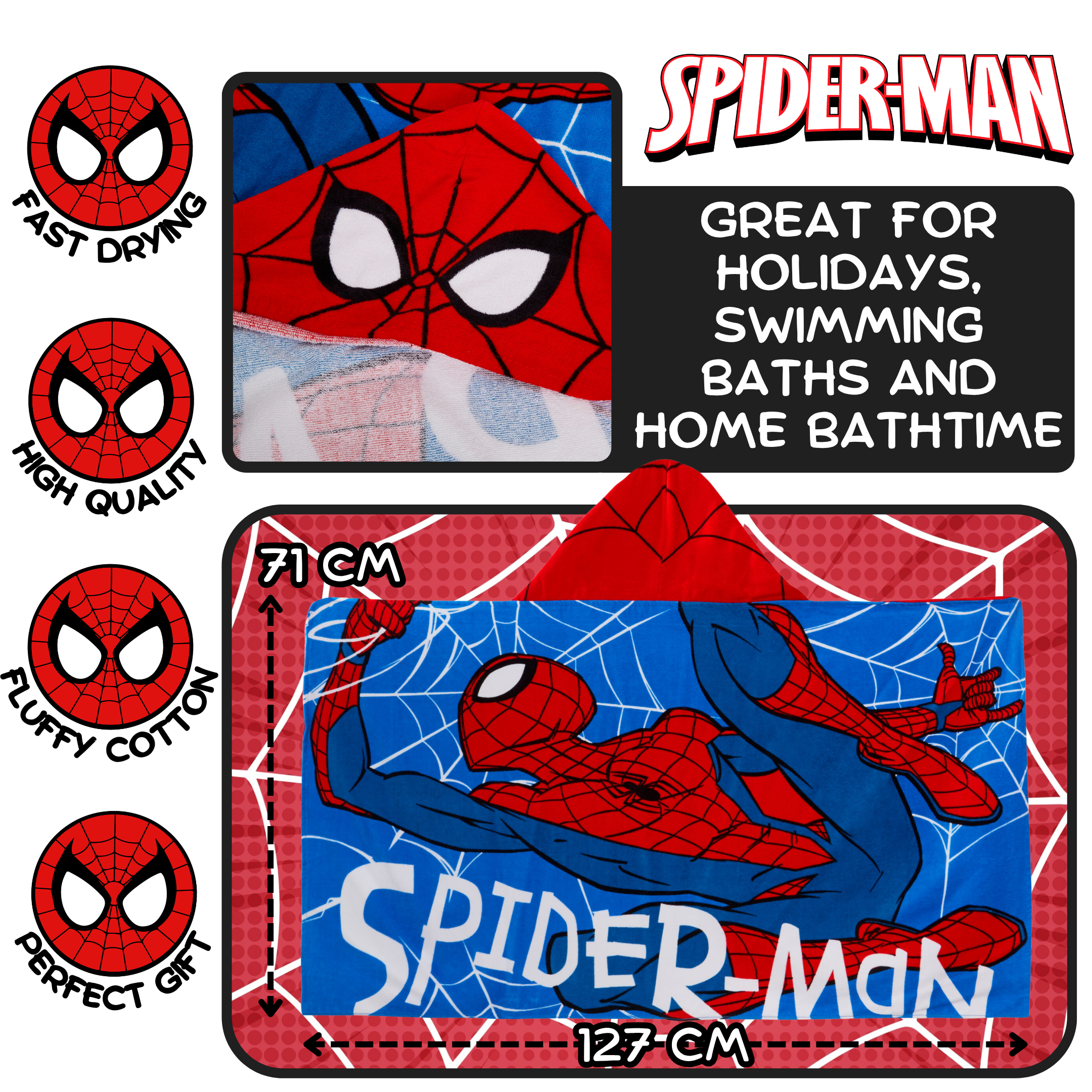 Spiderman Hooded Towel Avengers Poncho Kids 100% Cotton Beach Towel Bath Towel - Produktbild 5